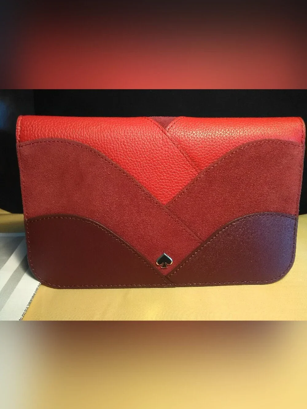NWOT Kate Spade Red suede & leather Colorblock Spade emblem LG. Wallet Beauty